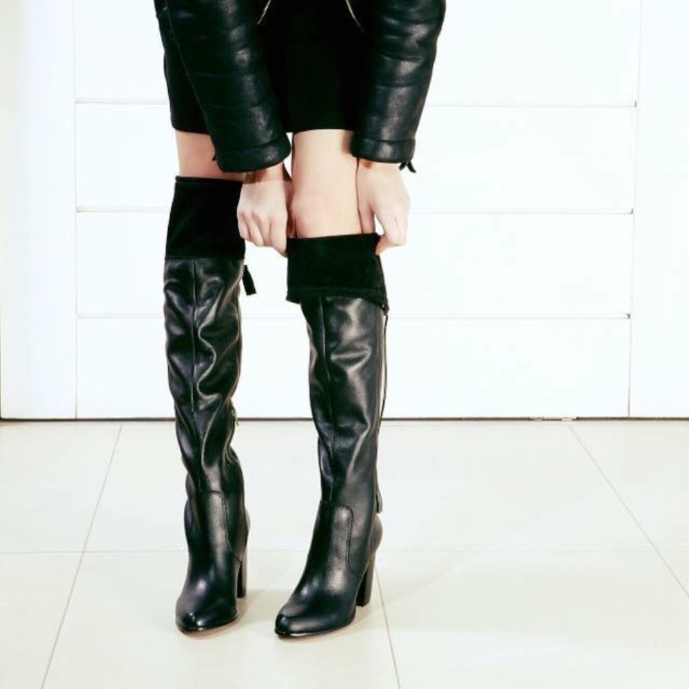 M4DE Black leather and suede Over the knee boots